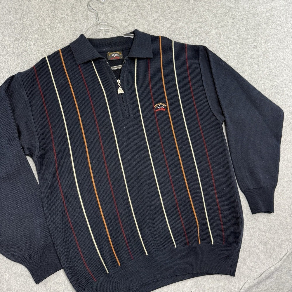 Paul & Shark Yachting Striped Quarter Zip Knit Heavy Sweater Size L Italy VTG